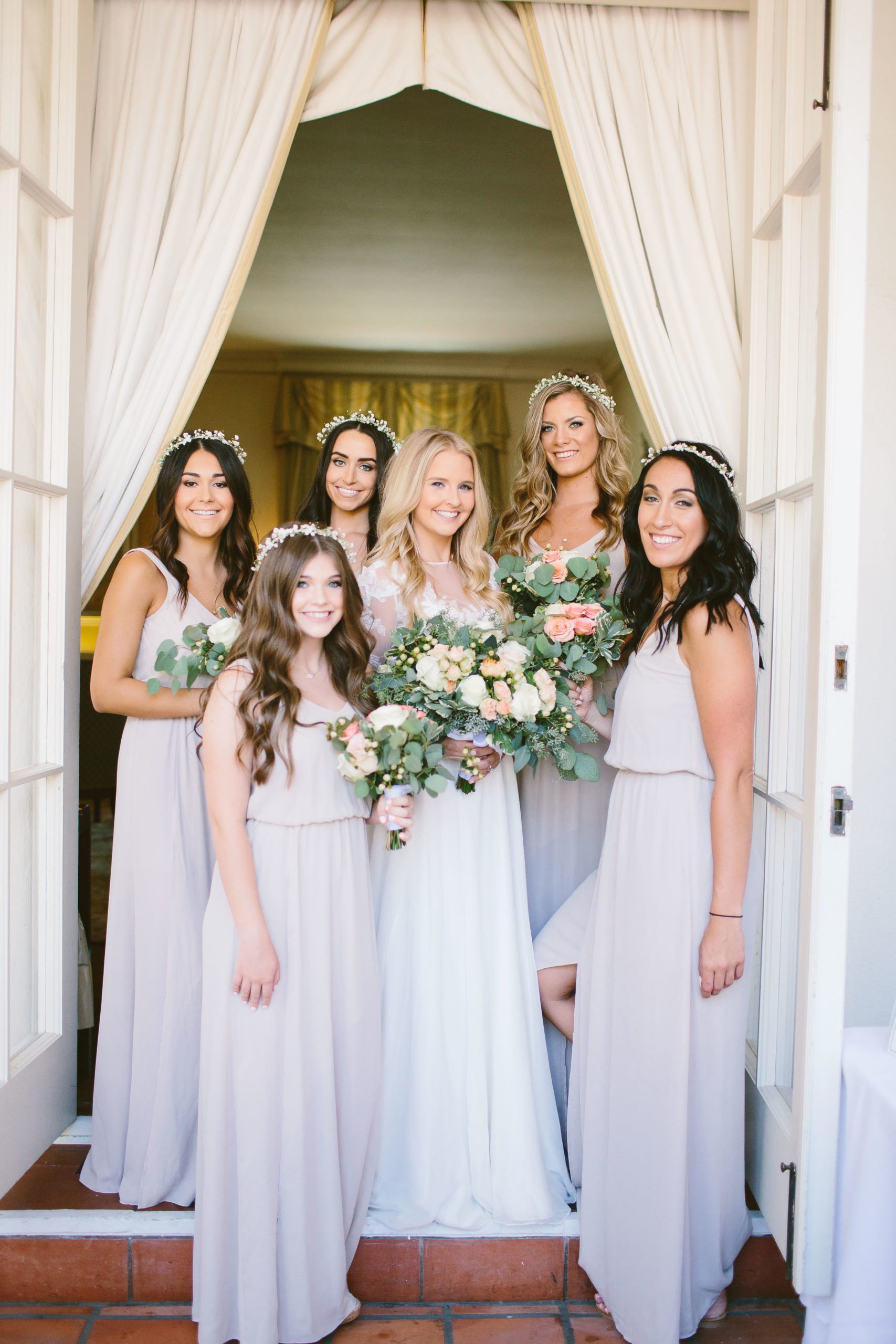  Loving these Show Me Your Mumu bridesmaid dresses and baby's breath flower crowns!  